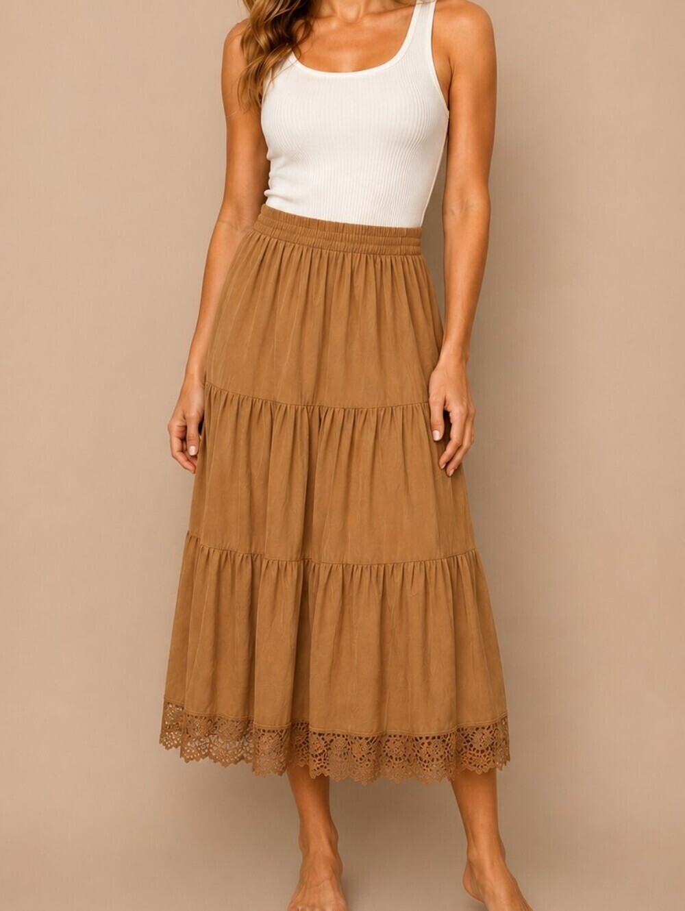 Vintage 1990s Caramel Lace Three Tiered Western Maxi Circle Prairie Skirt